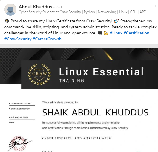 Abdul khuddus linux certificate