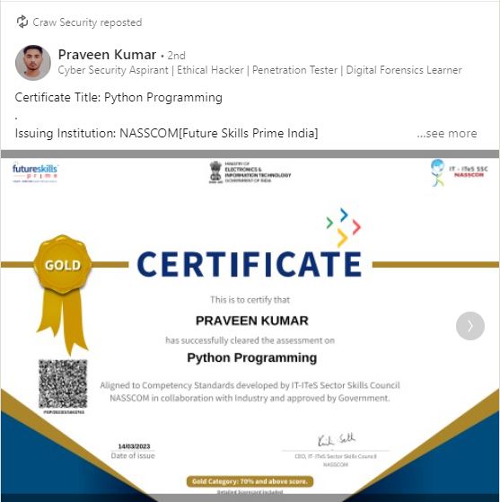 Praveen Kumar Certificate